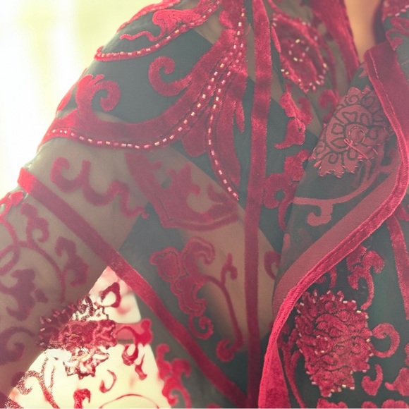 Vintage 1999 Red Velvet Beaded Tango Shawl | Fringe Wrap - Picture 3 of 8